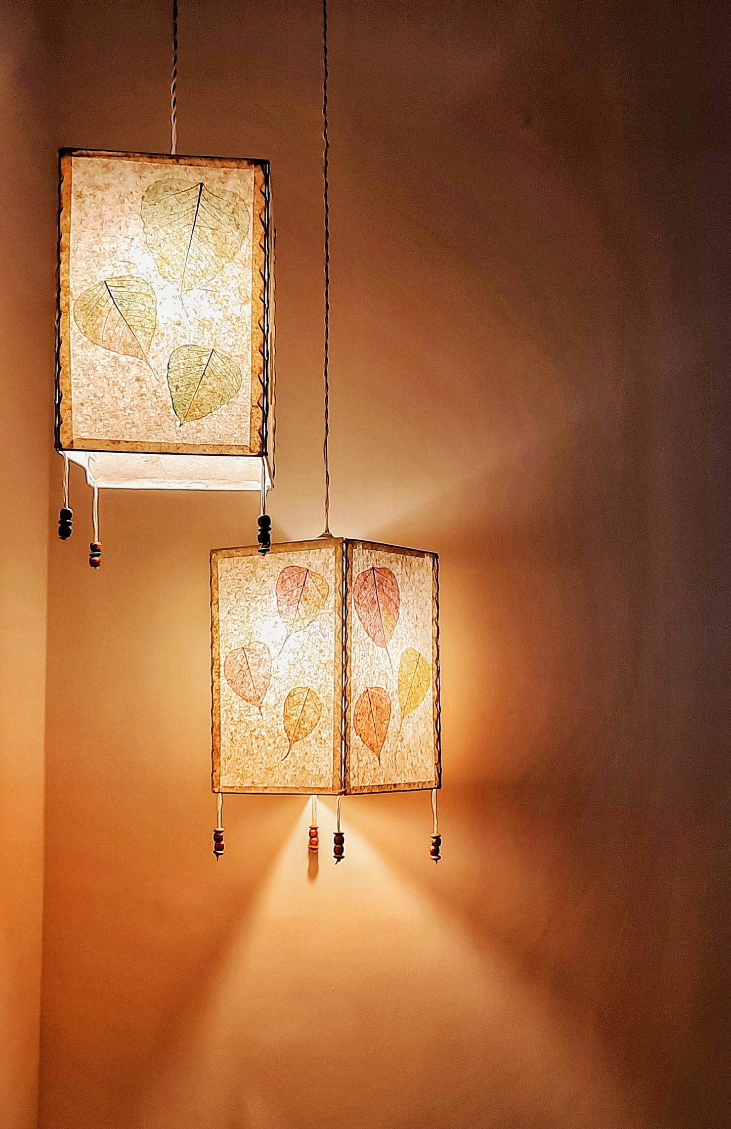 Hanging Lampshade with Painted Natural Peepal Leaves