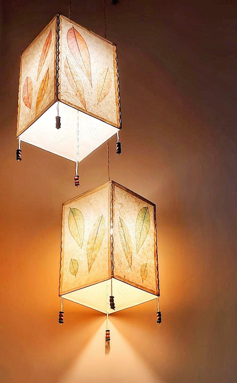 Hanging Lampshade with Painted Natural Champa Leaves