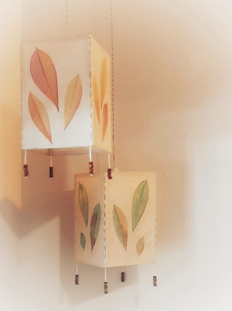 Hanging Lampshade with Painted Natural Champa Leaves