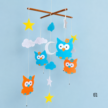 Little Owls Multi-hued Baby Mobile in Felt for Nursery Decor