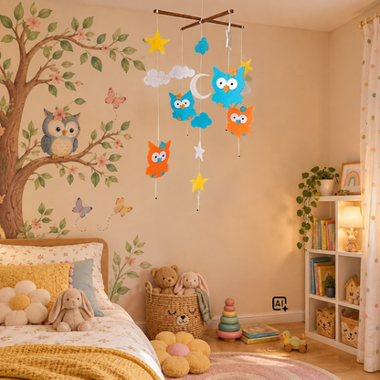Little Owls Multi-hued Baby Mobile in Felt for Nursery Decor