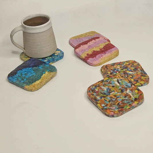 Paper Mosaic Coasters Set of 2 - Multi-Hued Art Work Hand-designed with Recycled Paper