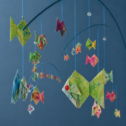 multi hued suspended fish mobile set for children and toddlers