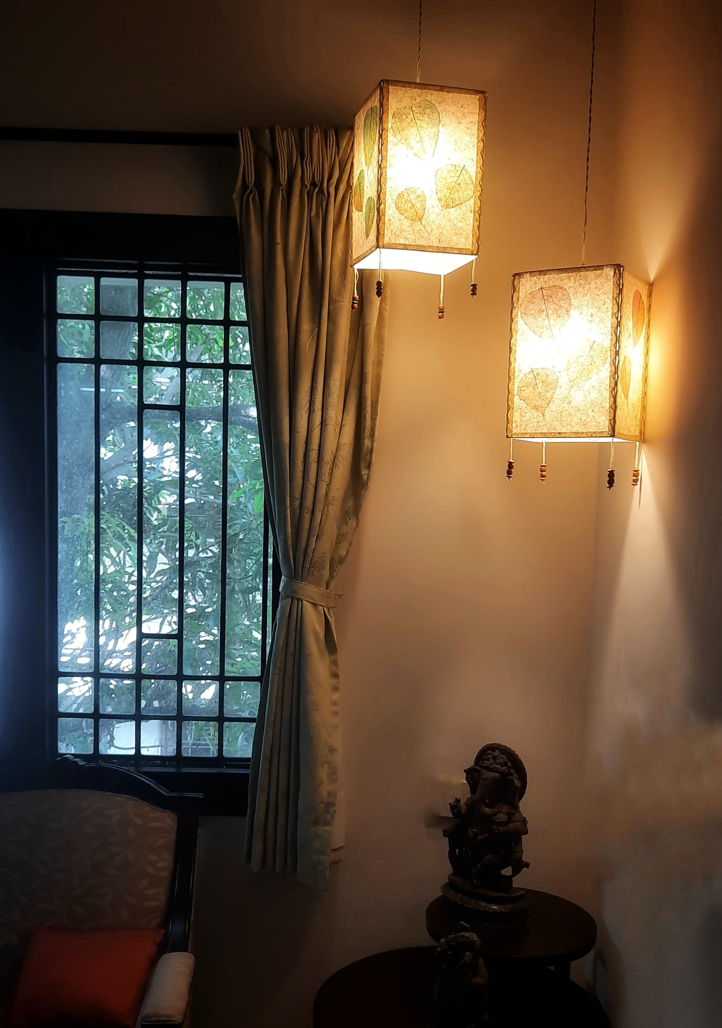 Hanging Lampshade with Painted Natural Peepal Leaves