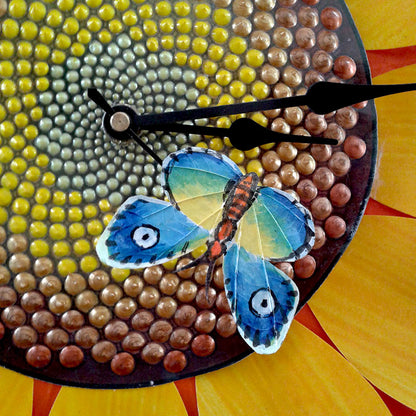 Sunflower Clock with Handmade Paper Petals and a Butterfly with Real Leaves